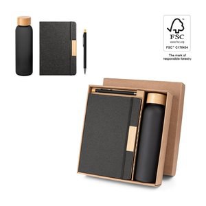 Set comprising 1 ballpoint pen, 1 notepad and 1 bottle, made from recycled PET, recycled aluminium and bamboo - Egotier 93673