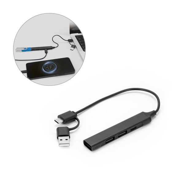 A multifunctional hub that expands your device’s connectivity, made from recycled PET (33% rPET) and recycled aluminium (31% rAL)